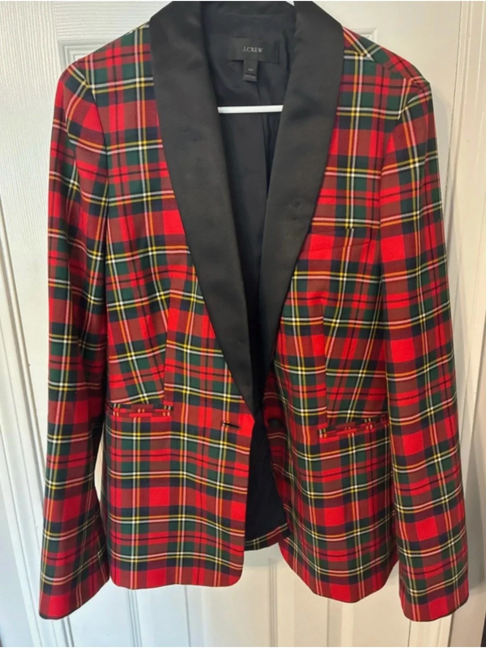 J. Crew Red Tartan Plaid Blazer with Black Satin Shawl Lapel